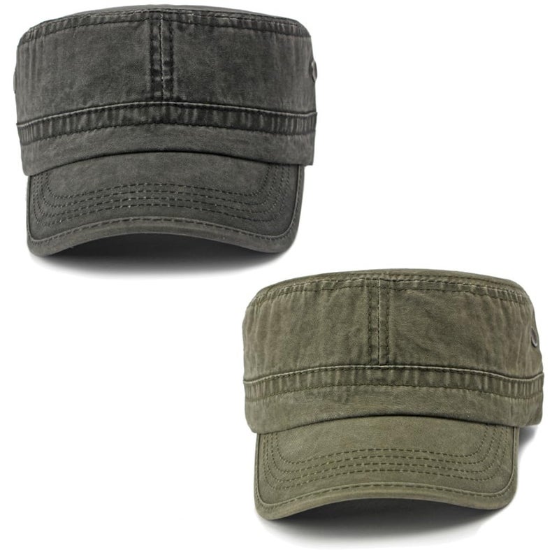 PTDTSHOU 2 Pack Cadet Army Caps Cotton Military Style Patrol Hats Adjustable Veteran Flat Top Hat (Black Green) - Image 4