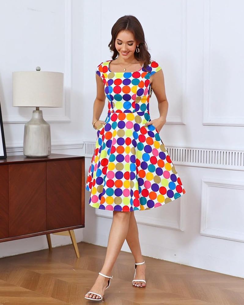 PUKAVT Women's Cocktail Party Dress Cap Sleeve 1950 Retro Swing Dress with Pockets Colorful Dot M - Image 2