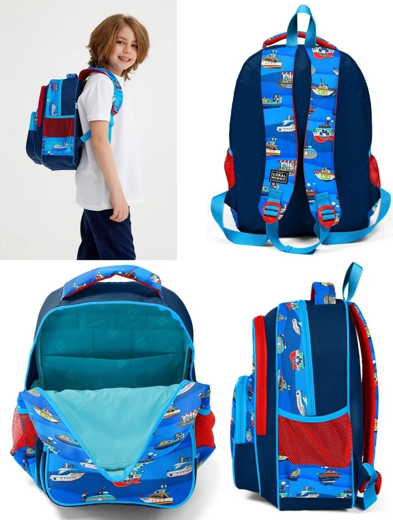 CORAL HIGH Three Compartment Primary School Backpack Set Navy Blue Ships Boy