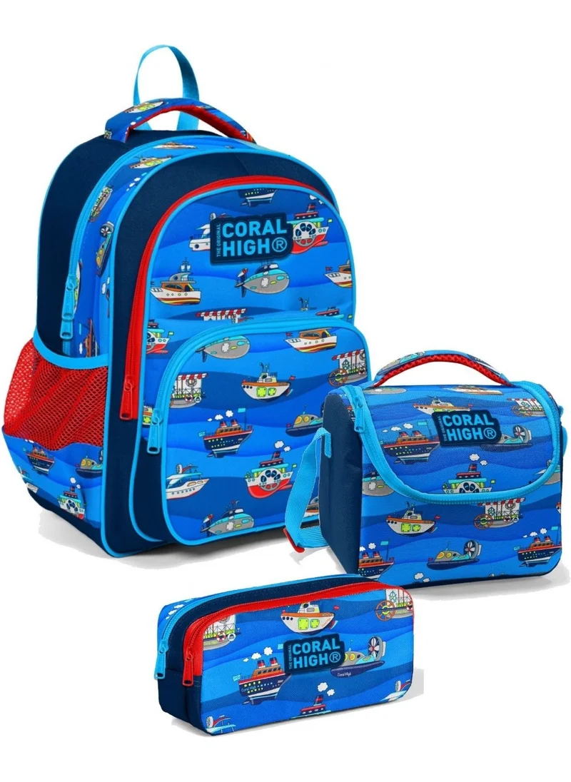 CORAL HIGH Three Compartment Primary School Backpack Set Navy Blue Ships Boy