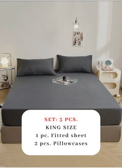 LUNA Home King Size Fitted bed sheet 180*200+30 cm with 2 pillow covers, set of 3 pieces, plain black color.  - Image 2