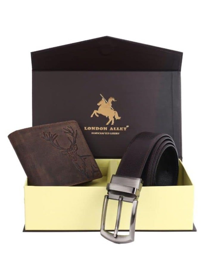 LONDON ALLEY ELK Vintage Brown Leather Wallet & Black/Brown Reversible Belt Combo Gift Box for Men - Image 2