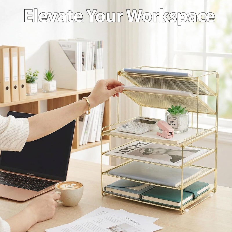 OPNICE Desk Organizer, 6-Tier Letter Tray Paper Organizer, Desktop File Organizer, Office Desk Accessories & Office Decor for Women, Workspace Organizer for Office Supplies(Gold) - Image 2