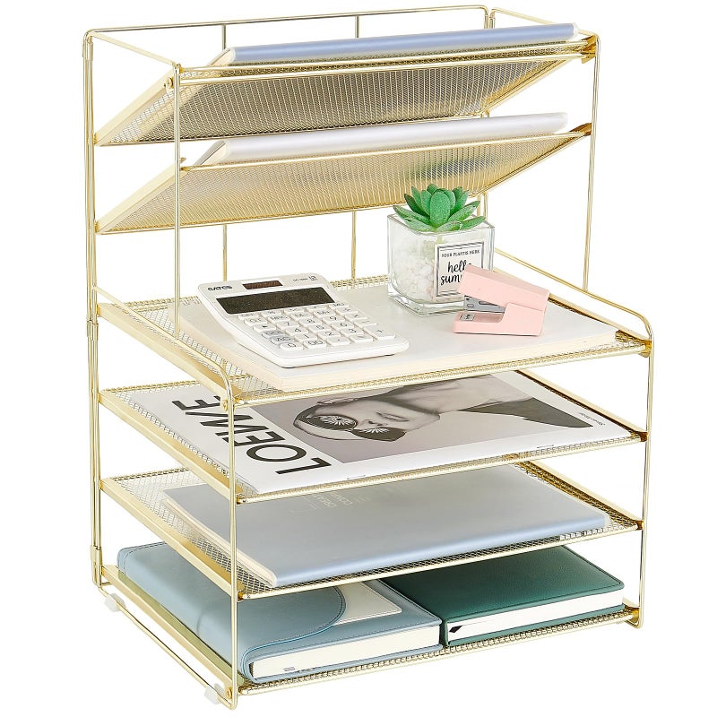 OPNICE Desk Organizer, 6-Tier Letter Tray Paper Organizer, Desktop File Organizer, Office Desk Accessories & Office Decor for Women, Workspace Organizer for Office Supplies(Gold) - Image 1