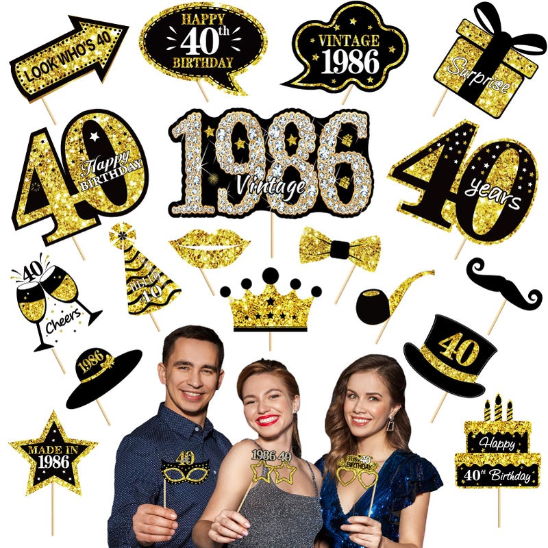21Pcs 40th Birthday Decoration Photo Booth Props for Men Women Funny Black Gold Vintage 1986 40th Birthday Props Kit with Sticks Party Supplies Cheers to 40 Bday Photo Props Sign Decor