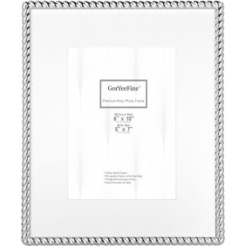 GorYeeFine 8x10'' High-End Silver Plated Photo Frames with Acid-Free Mat 5x7'',Zinc Alloy Made Contemporary Rope Profile,Velvet Backing,Tempered Glass Front For Weddong Or Home Décor, - Image 1