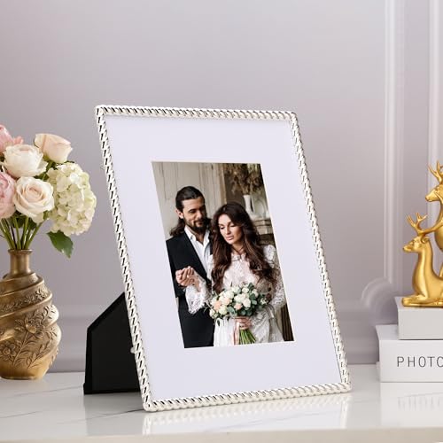 GorYeeFine 8x10'' High-End Silver Plated Photo Frames with Acid-Free Mat 5x7'',Zinc Alloy Made Contemporary Rope Profile,Velvet Backing,Tempered Glass Front For Weddong Or Home Décor, - Image 2