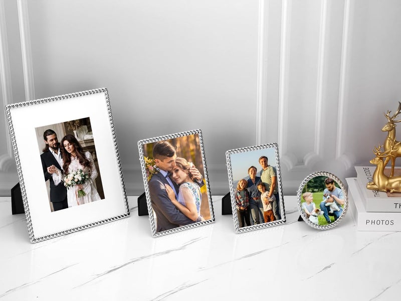 GorYeeFine 8x10'' High-End Silver Plated Photo Frames with Acid-Free Mat 5x7'',Zinc Alloy Made Contemporary Rope Profile,Velvet Backing,Tempered Glass Front For Weddong Or Home Décor, - Image 4