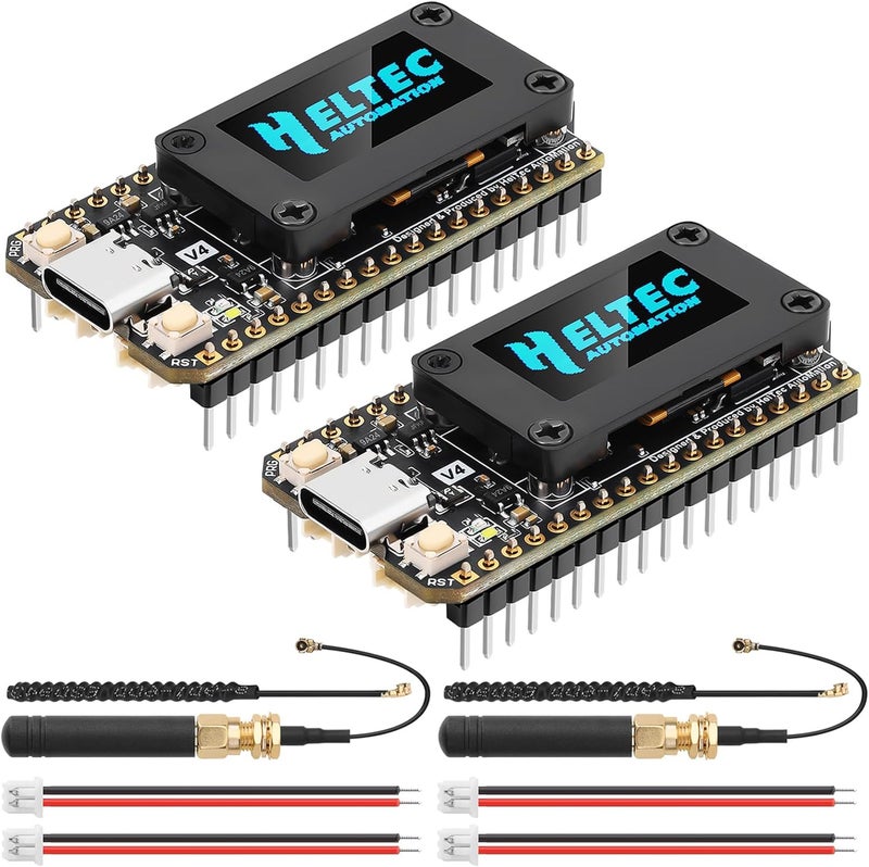 عبوة تحتوي على 2 لوحتين تطوير ESP32 LoRa V4 محدثتين، كل لوحة تحتوي على وحدة LoRa ESP32-S3 SX1262، دعم للواي فاي والبلوتوث، ذاكرة PSRAM سعة 2 ميجابايت وذاكرة فلاش سعة 16 ميجابايت، تدعم نظام GPS والطاقة الشمسية، مزودة بأجهزة هوائي بتردد 915 ميغاهرتز وشاشة OLED، مناسبة لأجهزة Arduino وMeshtastic وتقنية LoRaWAN في مجال إنترنت الأشياء (IoT). - Image 1