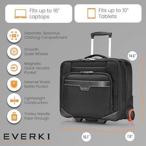 EVERKI Journey 16-Inch Laptop Trolley Rolling Briefcase for Business Professionals – Travel-Friendly Carry-On Laptop Bag, Lightweight Office Bag with Wheels, Roller Laptop Briefcase, Black (EKB440) - Image 5
