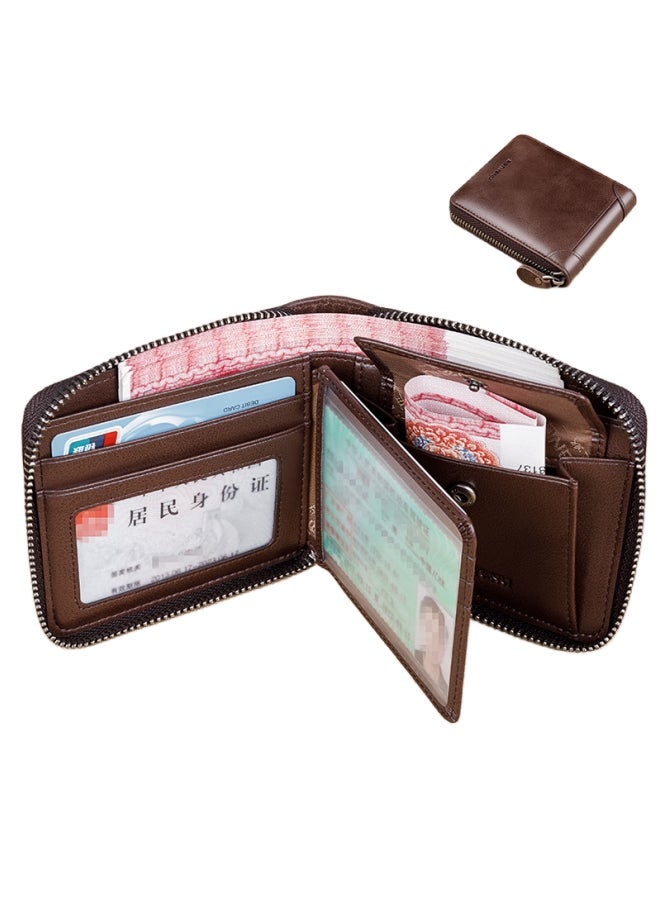 banyanu Short Genuine Leather Large Capacity Men's Multifunctional Cowhide Wallet Coffee Color - Single Loose-Leaf Model - Image 1