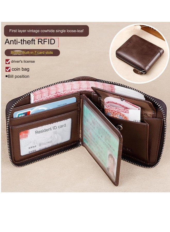 banyanu Short Genuine Leather Large Capacity Men's Multifunctional Cowhide Wallet Coffee Color - Single Loose-Leaf Model - Image 2