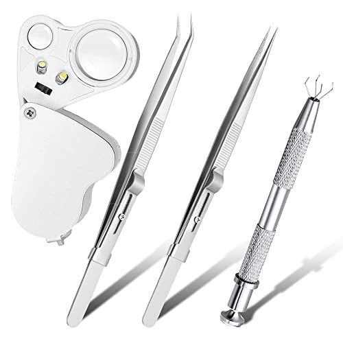 CC LOT 4 Pack Diamond Jewelers Tweezers Holder Pick up Tool Claw Gems Tweezer Grabber Jewelry Locking Tweezers with 30X 60X Jewelers Loupe Magnifier - Image 1