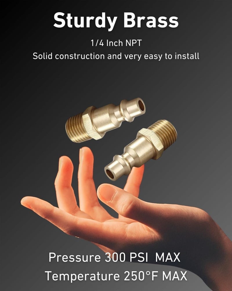 قطعتان من وصلات خرطوم الهواء وقابس توصيل الهواء، طقم قابس توصيل سريع لضاغط الهواء MNPT ذكر (نوع صناعي D، سن ذكر NPT 1/4 بوصة، نحاس صلب) - Image 4