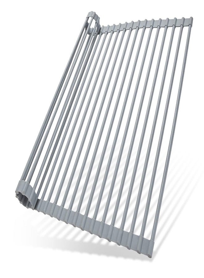 HEVASNEK Stainless Steel Roll-Up Dish Rack with Silicone Wrap | 17.6" x 15.4" Over-The-Sink Dish Drying Rack | Durable, Space-Saving Kitchen Sink Accessory (Gray) - Image 1