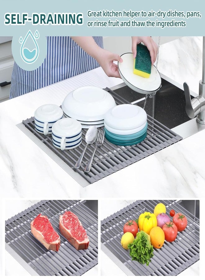 HEVASNEK Stainless Steel Roll-Up Dish Rack with Silicone Wrap | 17.6" x 15.4" Over-The-Sink Dish Drying Rack | Durable, Space-Saving Kitchen Sink Accessory (Gray) - Image 3