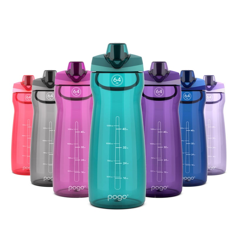Pogo 64oz Plastic Water Bottle with Leak-Proof Chug Lid and Carry Handle, Reusable, BPA Free, Capacity Markings, Dishwasher Safe, Perfect for Travel, School, Outdoors, and Gym, Teal - Image 1