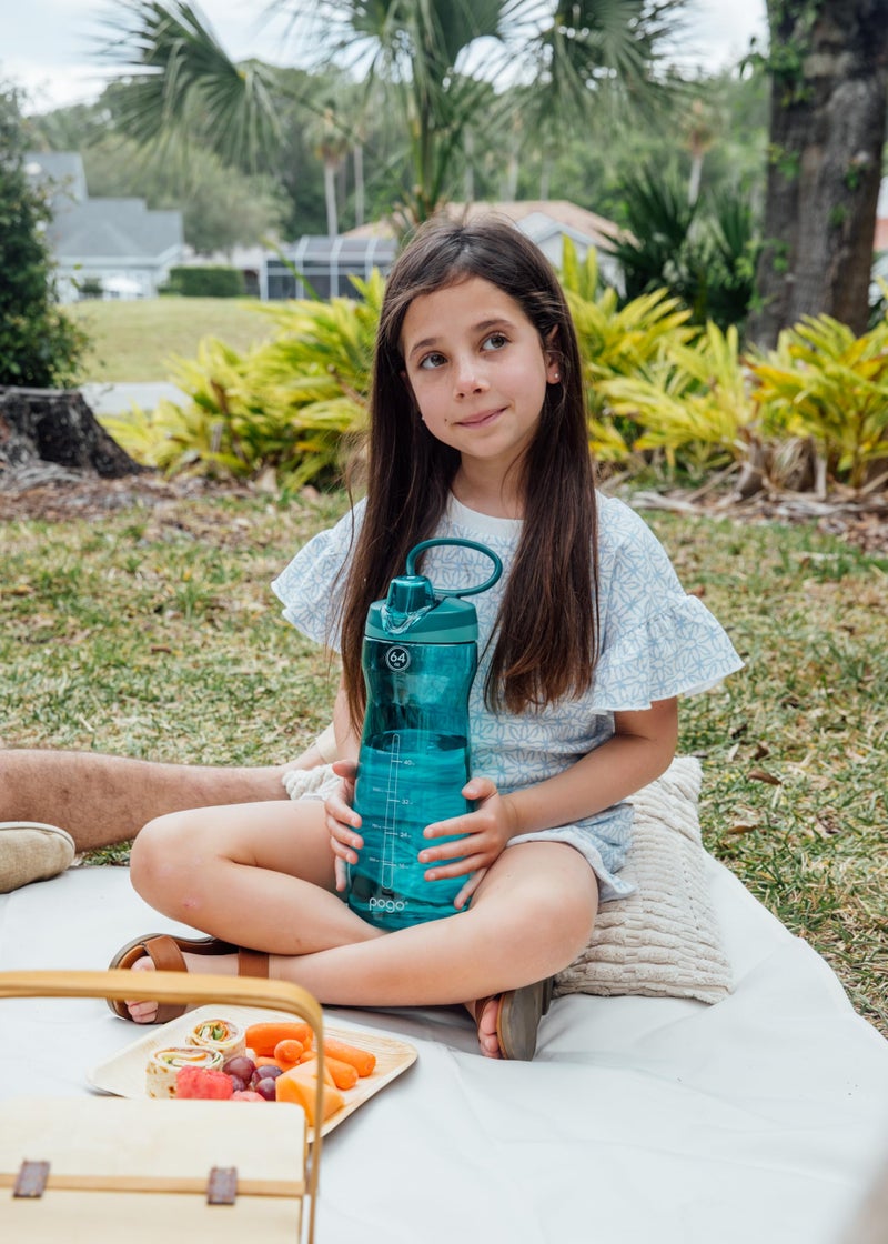 Pogo 64oz Plastic Water Bottle with Leak-Proof Chug Lid and Carry Handle, Reusable, BPA Free, Capacity Markings, Dishwasher Safe, Perfect for Travel, School, Outdoors, and Gym, Teal - Image 2