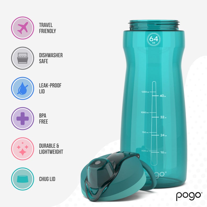 Pogo 64oz Plastic Water Bottle with Leak-Proof Chug Lid and Carry Handle, Reusable, BPA Free, Capacity Markings, Dishwasher Safe, Perfect for Travel, School, Outdoors, and Gym, Teal - Image 3
