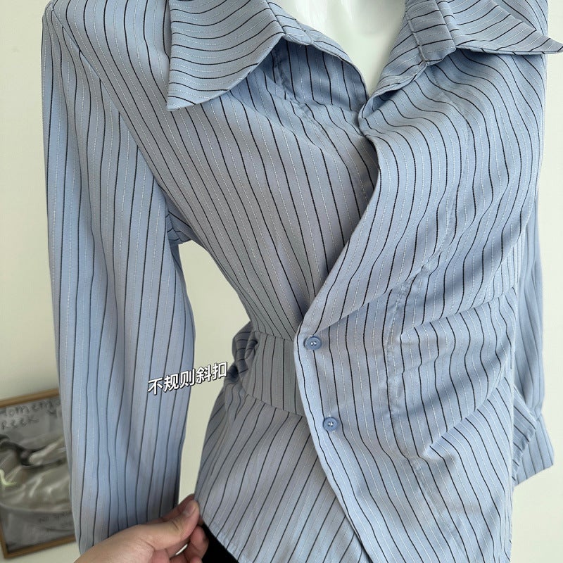 Korean Style Design Sense Shirt Womens Fashion 2024 Autumn New Tight Waist Fashionable Irregular All-match Shirt Top Trendy Blue stripes - Image 1