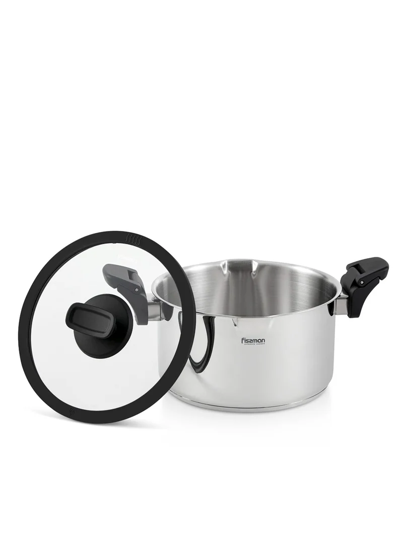 Fissman  Stockpot With Glass Lid Stainless Steel, Multi-Layer Capsule Induction Bottom With Drain Spouts Transparent Lid, Damage-Resistant Glass Lid With Steam Release (18x11 cm/2.5 LTR)  | Best Price UAE