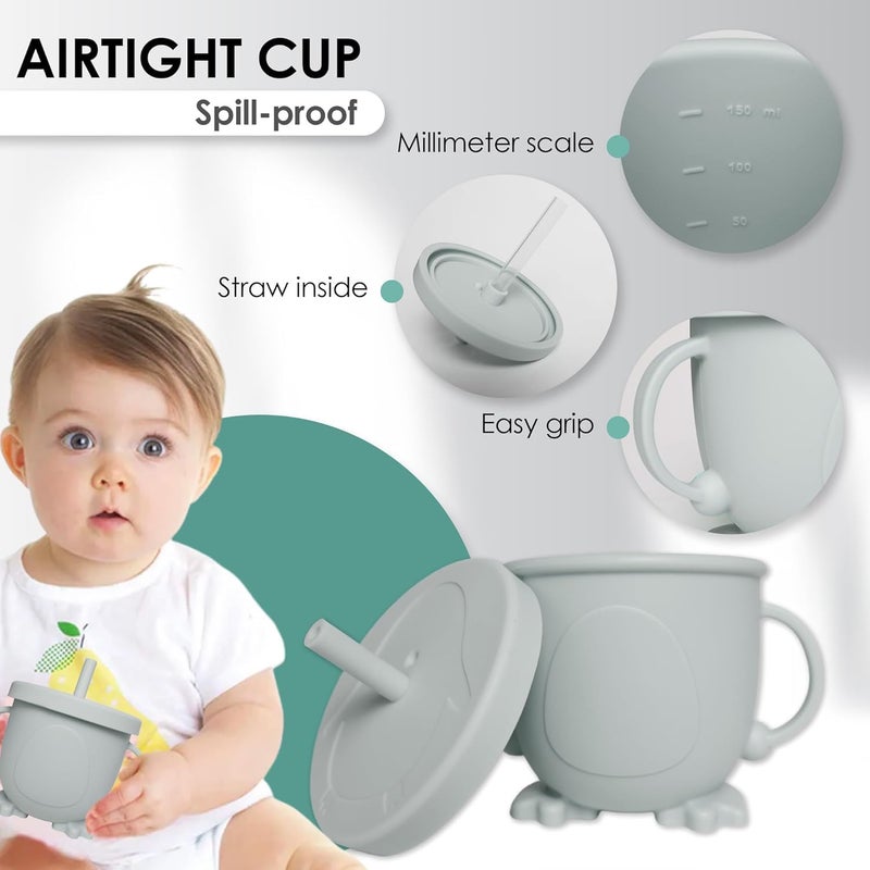 QLECT BPA Free Silicone Baby Feeding Set,Baby Led Weaning Supplies,Eating Essentials Utensils with Suction Plate & Bowl,Pocket Bib,Sippy Cup with Lid,Forks Spoons for Baby&Toddler 6+ Months,Grey - Image 5