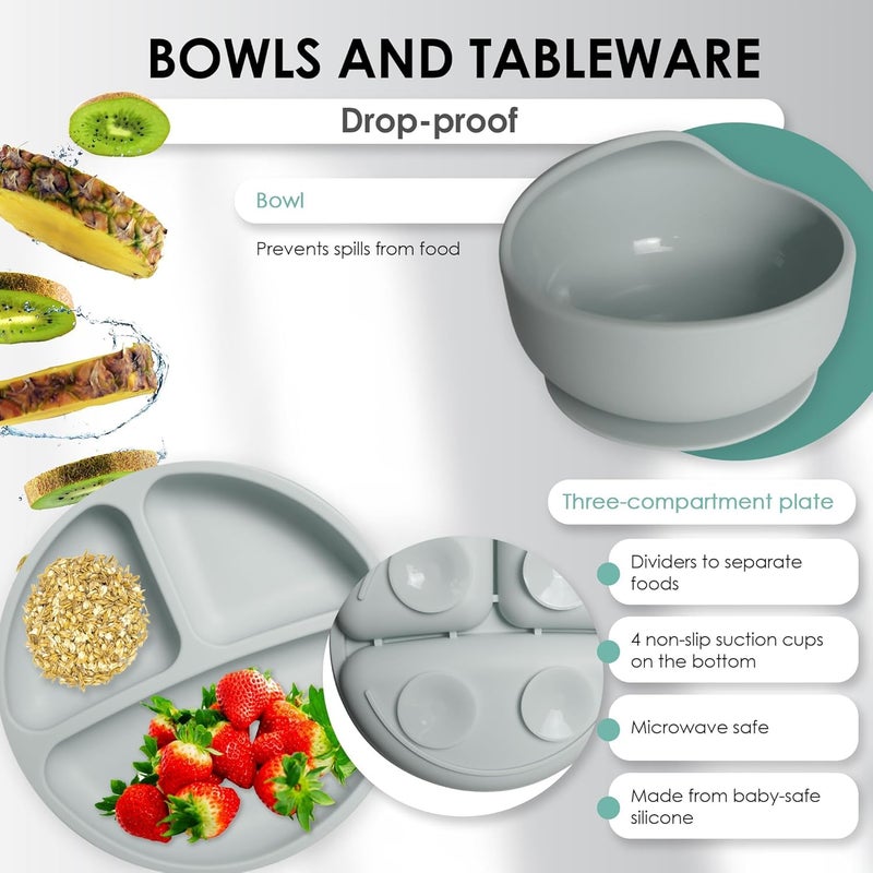 QLECT BPA Free Silicone Baby Feeding Set,Baby Led Weaning Supplies,Eating Essentials Utensils with Suction Plate & Bowl,Pocket Bib,Sippy Cup with Lid,Forks Spoons for Baby&Toddler 6+ Months,Grey - Image 3