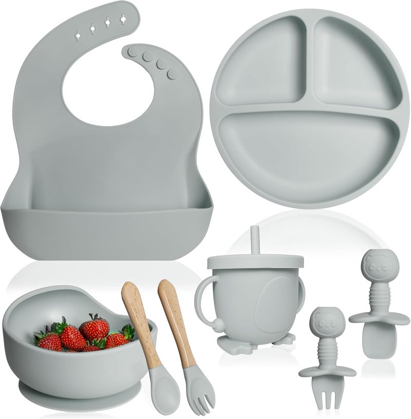 QLECT BPA Free Silicone Baby Feeding Set,Baby Led Weaning Supplies,Eating Essentials Utensils with Suction Plate & Bowl,Pocket Bib,Sippy Cup with Lid,Forks Spoons for Baby&Toddler 6+ Months,Grey - Image 1