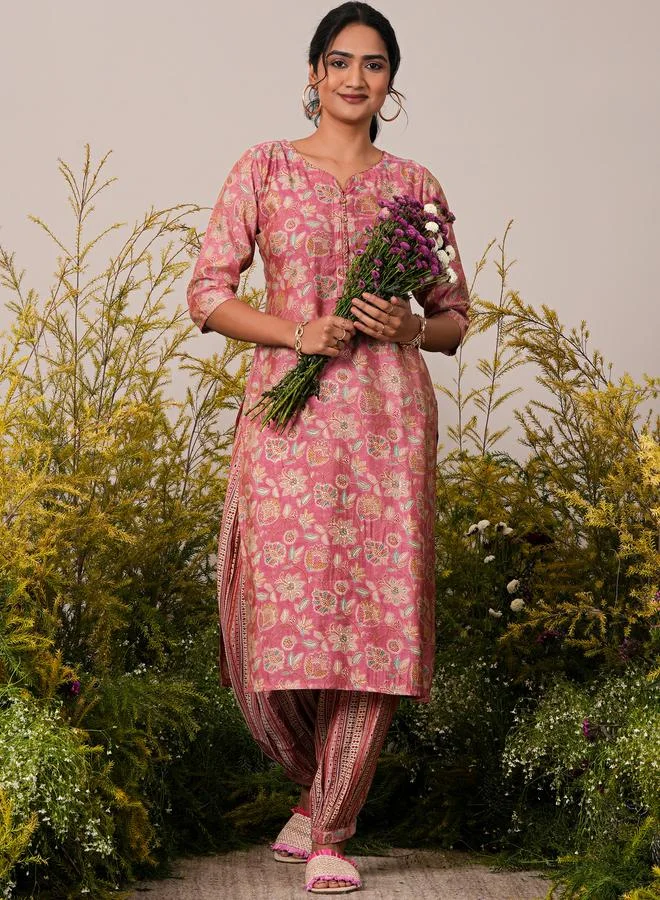 لباس Peach Printed Silk Blend Straight Kurta and Salwar Set