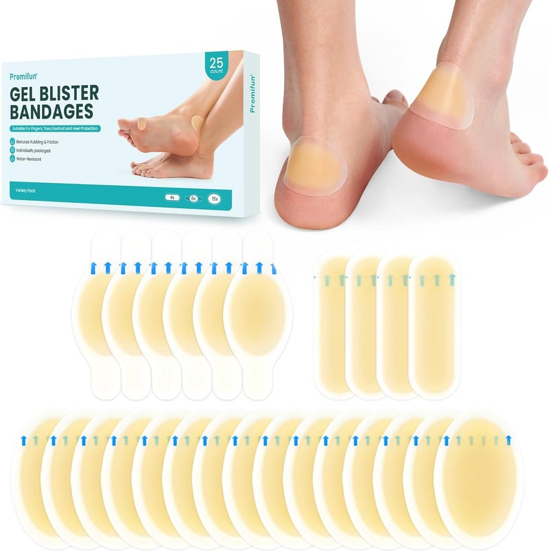 Promifun Blister Bandages for Feet Hydrocolloid Bandages  Promifun 25ct Water Resistant Gel Blister Cushions Pads for Prevention  Recovery Variety Pack - Image 1