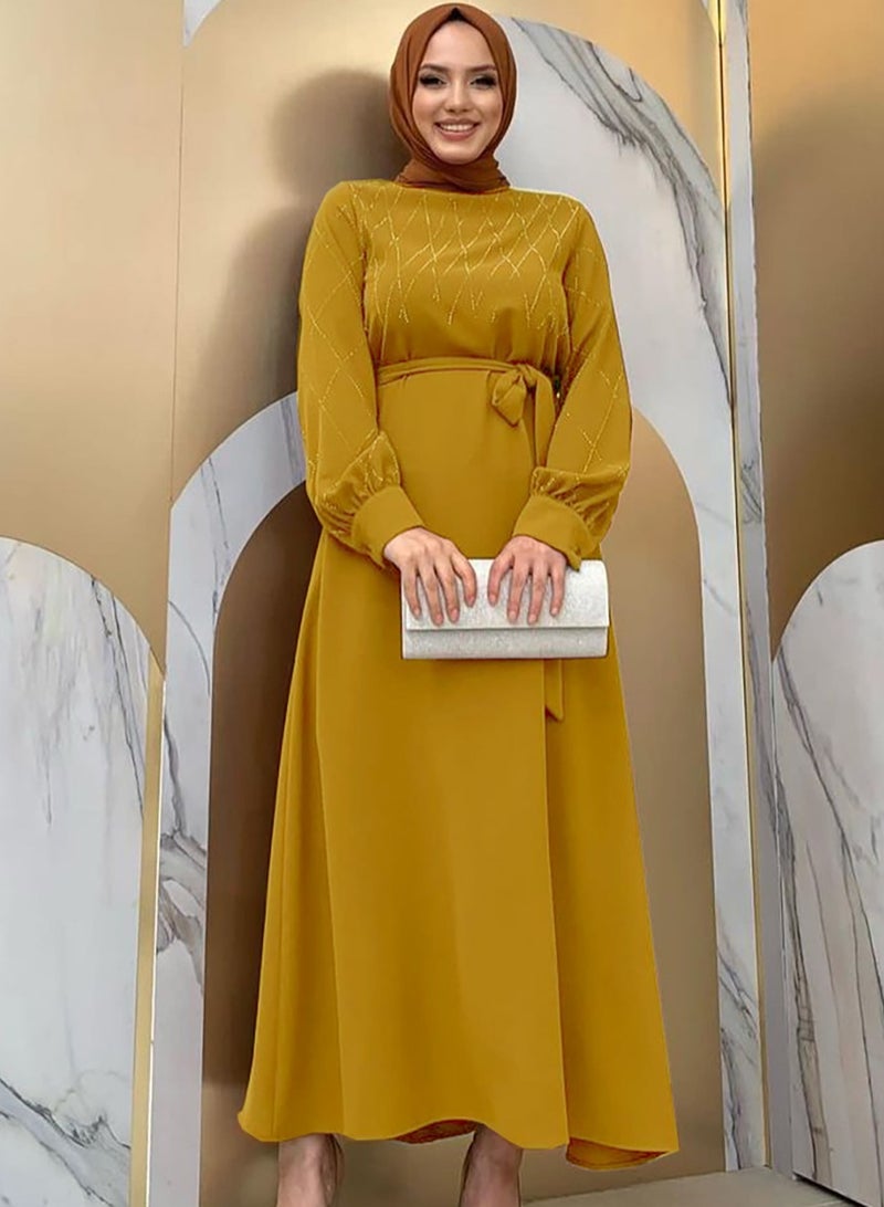 Elegant, beautiful and classy Muslim dress, women's jalabiya and abaya, suitable for various occasions, decorated with satin and with a belt - Image 1