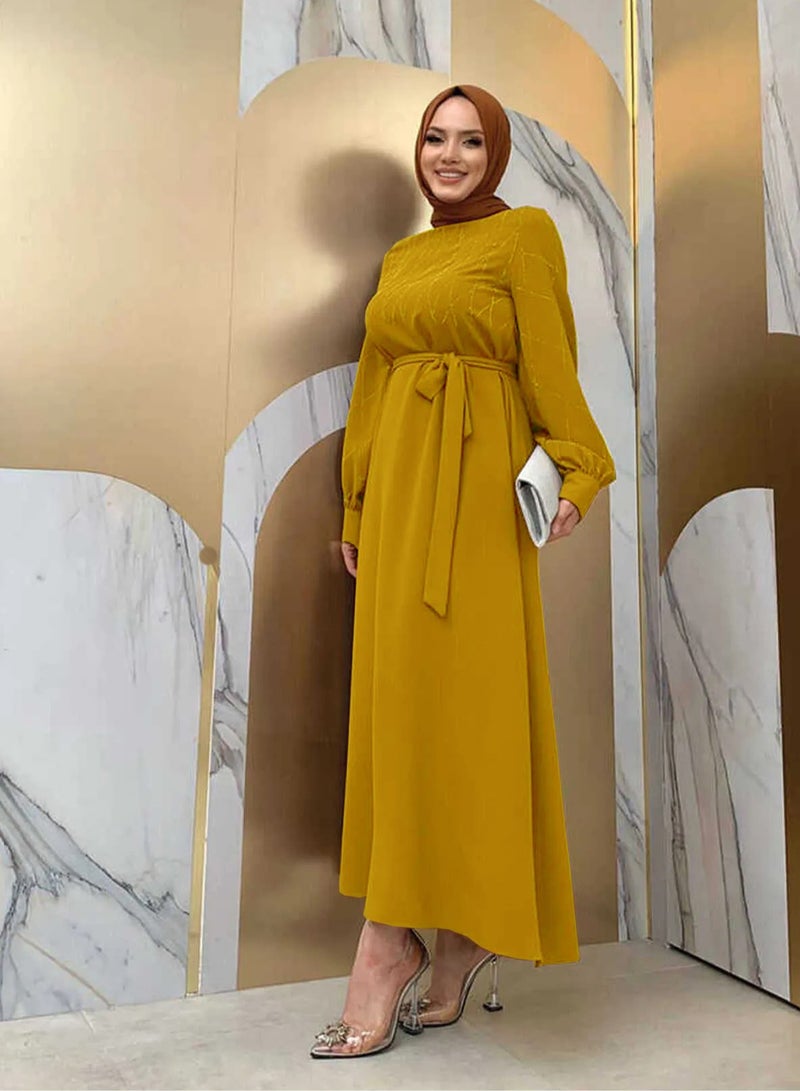 Elegant, beautiful and classy Muslim dress, women's jalabiya and abaya, suitable for various occasions, decorated with satin and with a belt - Image 2
