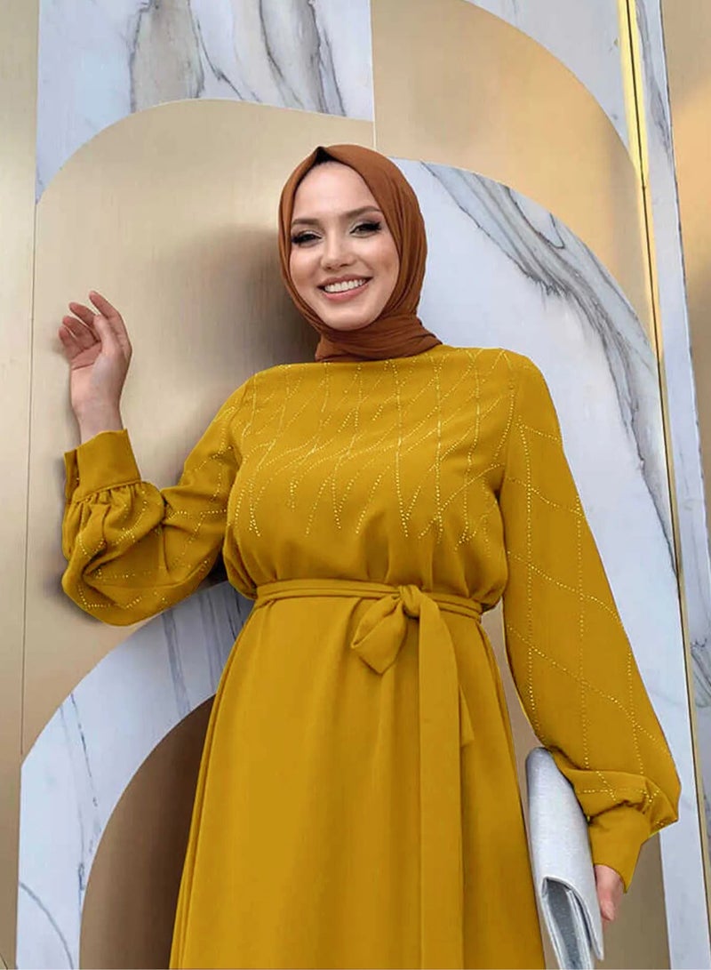 Elegant, beautiful and classy Muslim dress, women's jalabiya and abaya, suitable for various occasions, decorated with satin and with a belt - Image 3