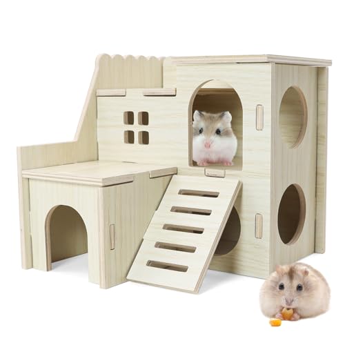 lenpestia Hamster Hideout Tiny Maze Wood House with Slide Hamster House and Habitat Wooden Hide Hut for Dwarf Gerbils Mouse Mice and Other Small Animals (Pygmy Rats Only) - Image 1