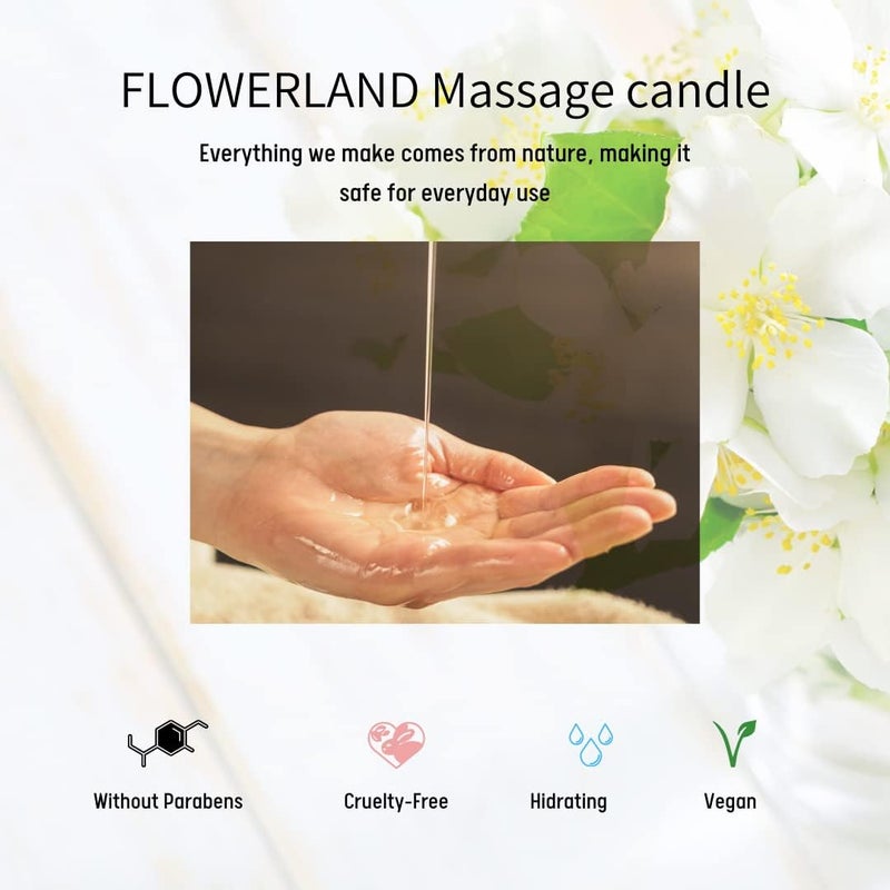 فلاور لاند شمعة تدليك FLOWERLAND - زيت جسم مرطب للأزواج وصالونات السبا المنزلية - زيوت تدليك جسم فاخرة ومرطبة للعناية بالبشرة - طبيعية، نباتية - ياسمين (200 مل) - Image 2