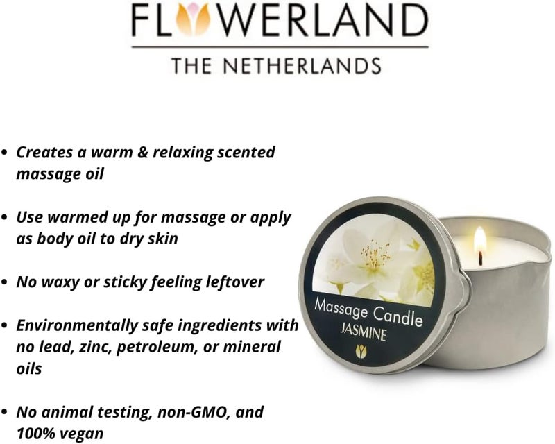 فلاور لاند شمعة تدليك FLOWERLAND - زيت جسم مرطب للأزواج وصالونات السبا المنزلية - زيوت تدليك جسم فاخرة ومرطبة للعناية بالبشرة - طبيعية، نباتية - ياسمين (200 مل) - Image 3