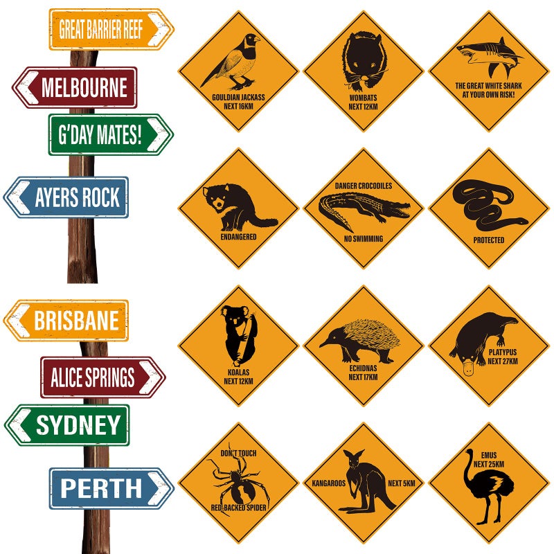 PerKoop 16 Pieces Australian Party Decoration Outback Road Sign Cutouts Australian Theme Outback Road Street Sign G'day Mate Wall Decor for Festive Occasions - Image 1