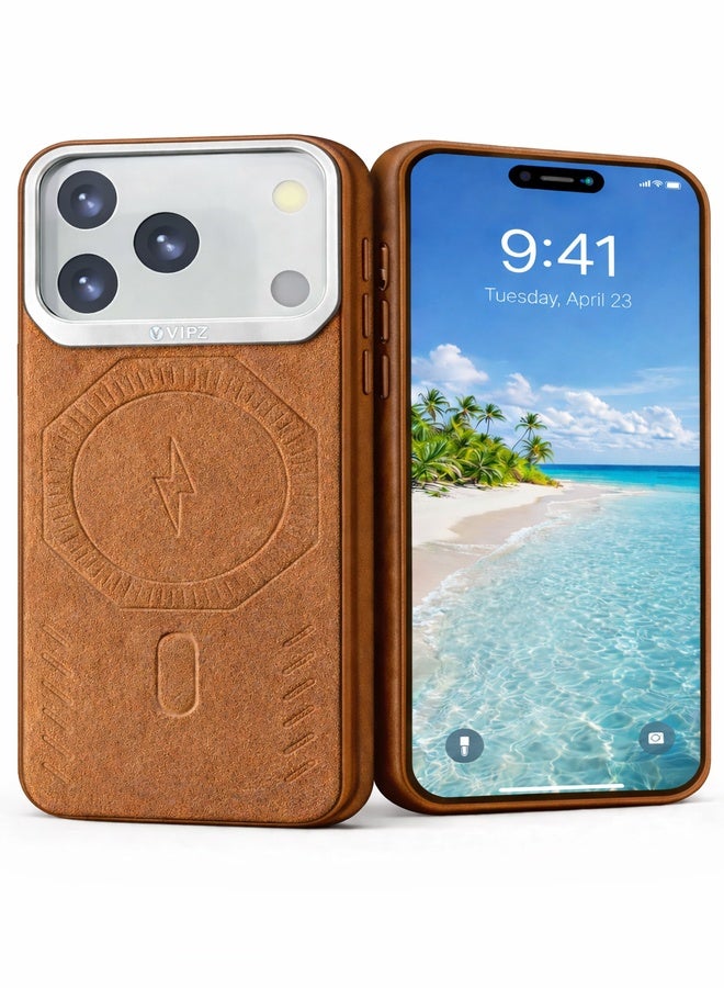 VR CREATIVE Premium Leather MagSafe Compatible Case for iPhone 17 Pro Max - Magnetic Wireless Charging Cover, Shock Absorbent, Raised Camera Protection – Brown