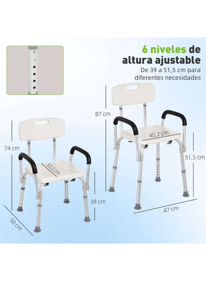 Height Adjustable Aluminium Shower Chair with Backrest Armrests and Non-Slip Rubber Feet White - Image 2