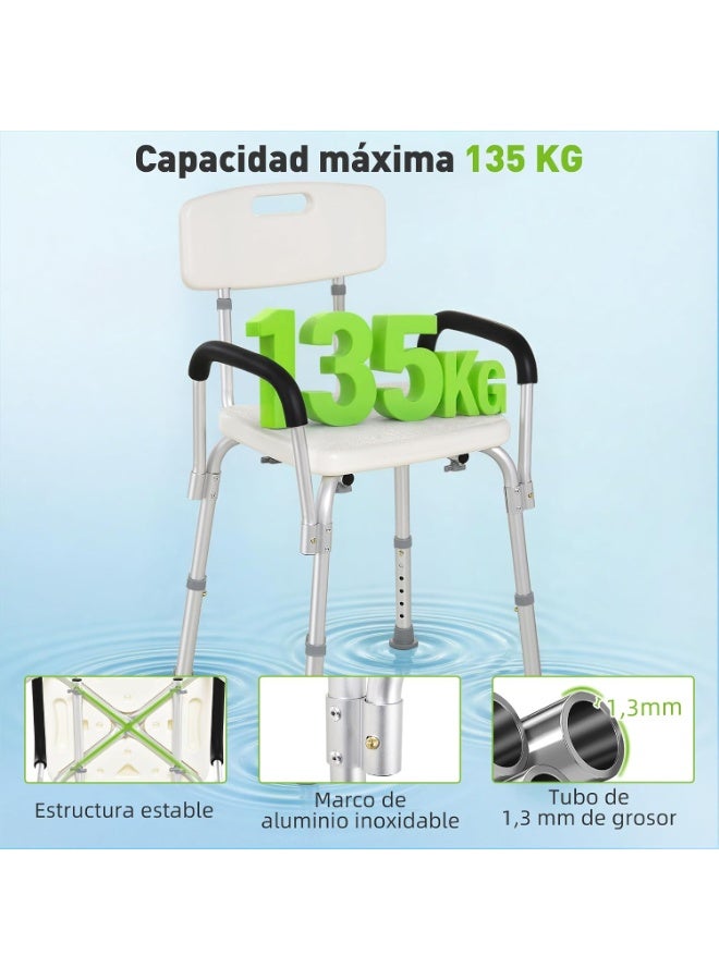 Height Adjustable Aluminium Shower Chair with Backrest Armrests and Non-Slip Rubber Feet White - Image 3