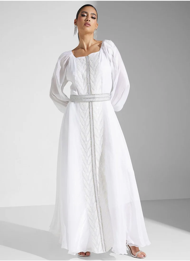 hayas closet Lace Detail Belted Dress