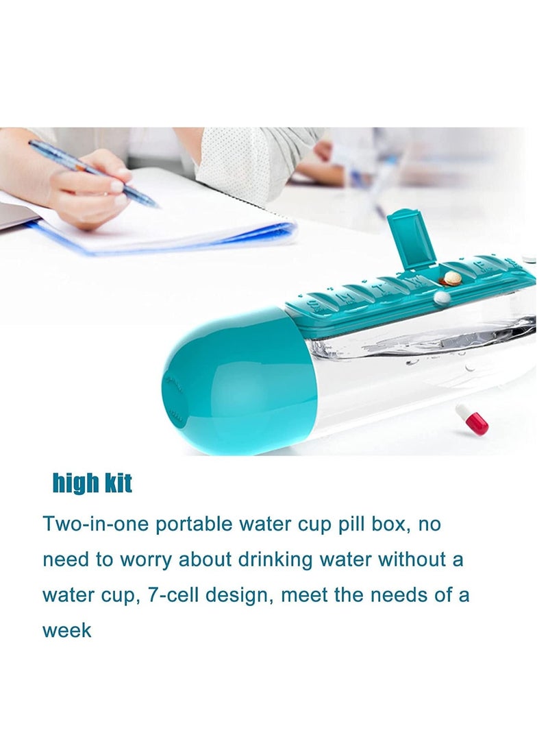 SYOSI 2 in 1 Pill Box Cup Outdoor Portable Water Bottle with Medicine Box 600ml Portable 7 Days Pill Box Organiser Water Bottle for Camping Gym School Office Travel (Blue) - Image 5