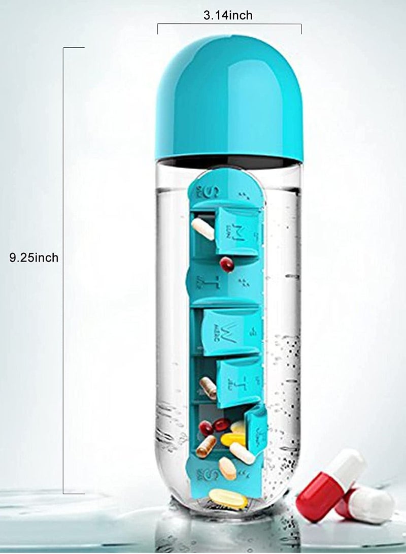 SYOSI 2 in 1 Pill Box Cup Outdoor Portable Water Bottle with Medicine Box 600ml Portable 7 Days Pill Box Organiser Water Bottle for Camping Gym School Office Travel (Blue) - Image 4