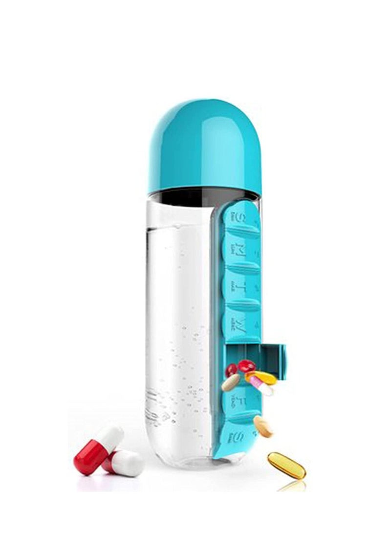 SYOSI 2 in 1 Pill Box Cup Outdoor Portable Water Bottle with Medicine Box 600ml Portable 7 Days Pill Box Organiser Water Bottle for Camping Gym School Office Travel (Blue) - Image 1