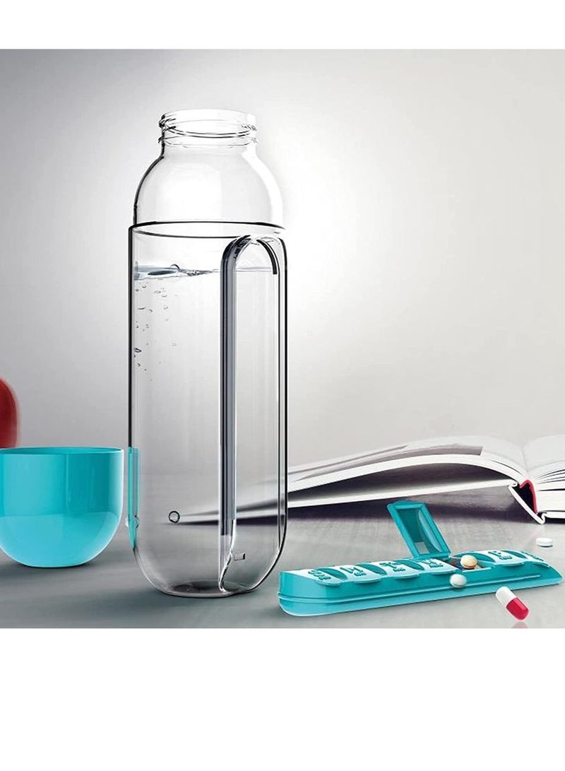 SYOSI 2 in 1 Pill Box Cup Outdoor Portable Water Bottle with Medicine Box 600ml Portable 7 Days Pill Box Organiser Water Bottle for Camping Gym School Office Travel (Blue) - Image 3