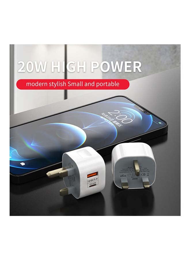 20W Type C Dual Port Wall Charger Travel Power Adapter - UK Plug White - Image 4