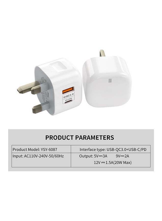 20W Type C Dual Port Wall Charger Travel Power Adapter - UK Plug White - Image 3