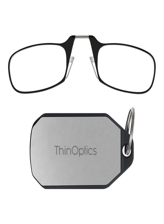 ثين أوبتيكس نظارات قراءة ThinOptics مستطيلة الشكل محمولة ومريحة للرجال والنساء، رفيعة ومتينة، سهلة التعليق على سلسلة المفاتيح أو حقيبة الظهر أو حقيبة الجولف، إطار أسود/علبة فضية، 44 مم + 2.5 - Image 1