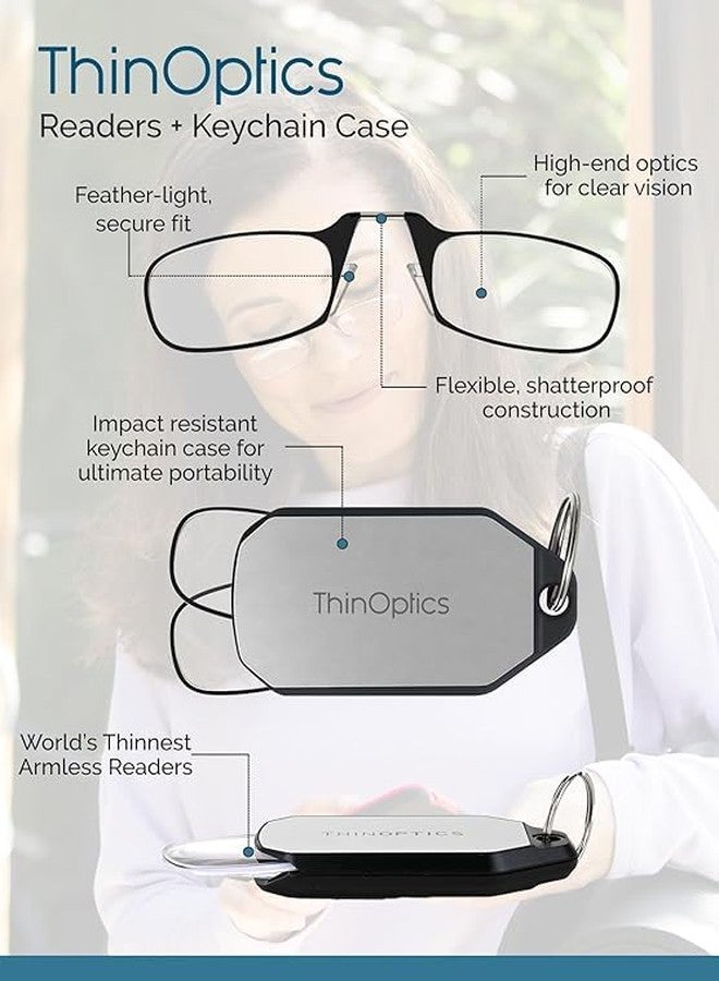 ثين أوبتيكس نظارات قراءة ThinOptics مستطيلة الشكل محمولة ومريحة للرجال والنساء، رفيعة ومتينة، سهلة التعليق على سلسلة المفاتيح أو حقيبة الظهر أو حقيبة الجولف، إطار أسود/علبة فضية، 44 مم + 2.5 - Image 4
