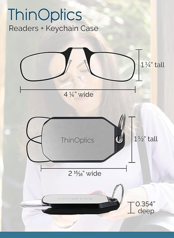 ثين أوبتيكس نظارات قراءة ThinOptics مستطيلة الشكل محمولة ومريحة للرجال والنساء، رفيعة ومتينة، سهلة التعليق على سلسلة المفاتيح أو حقيبة الظهر أو حقيبة الجولف، إطار أسود/علبة فضية، 44 مم + 2.5 - Image 5